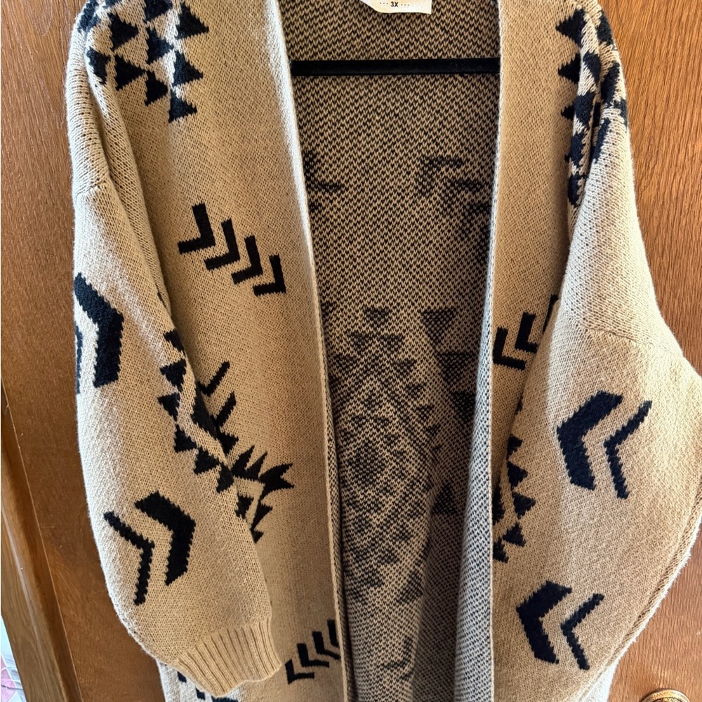 Savanna Jane Tan and Black Aztec Open-Front Cardigan